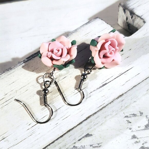 Pink Rose Flower Handcrafted Fimo Polymer Clay Bead Dangle Earrings - Picture 3 of 5